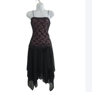Vintage Y2K Lace Sparkling Handkerchief Skirt Black Pink Goth Whimsygoth Dress